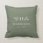 Rustic monogram sage green initial personalised cushion<br><div class="desc">With a classic sage green background, this pillow features an initial surrounded by rustic branches along with a last name and established date. The stylish colour can be changed to match your decor by clicking "customise." This pillow makes a great wedding or newlywed gift or also a "first Christmas" as...</div>
