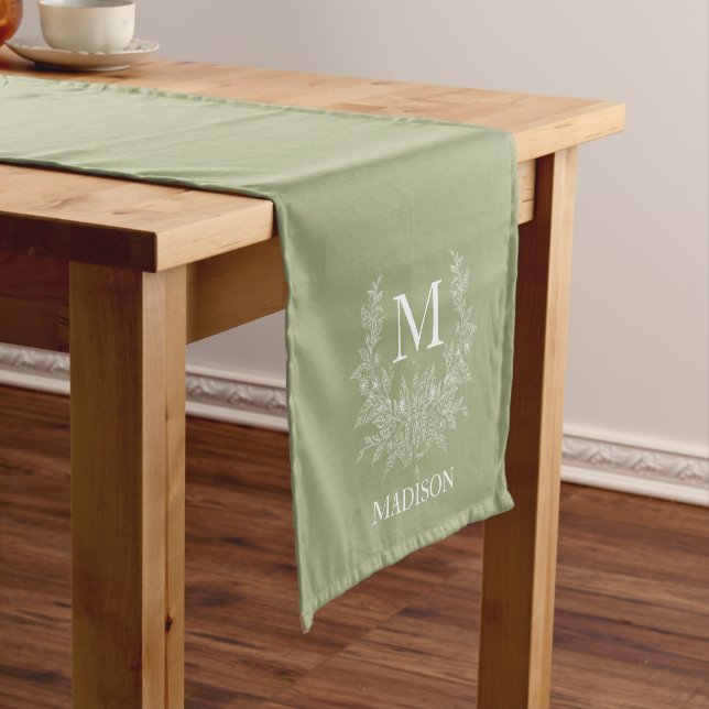 Rustic monogram Sage Green personalised initial  Short Table Runner (In Situ)