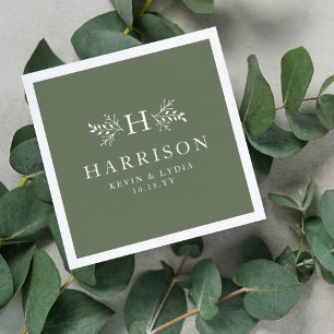 Rustic monogram sage green personalised wedding napkin