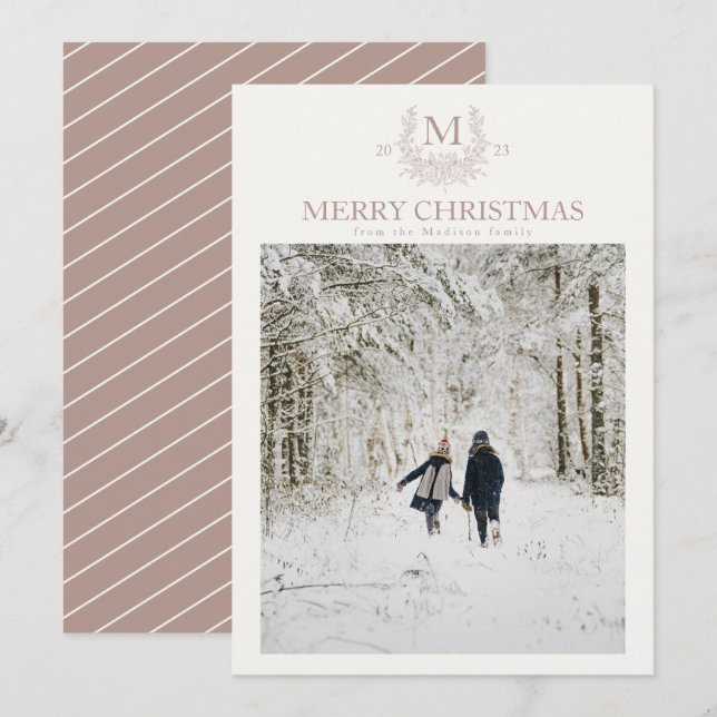 Rustic monogram  Silver Pink personalised initial Holiday Card (Front/Back)