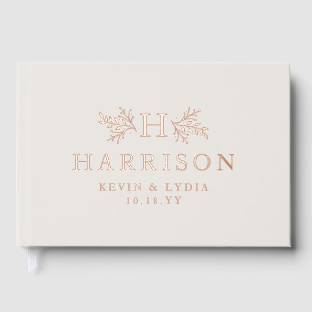 Rustic monogram simple initial rose gold wedding guest book (Front)