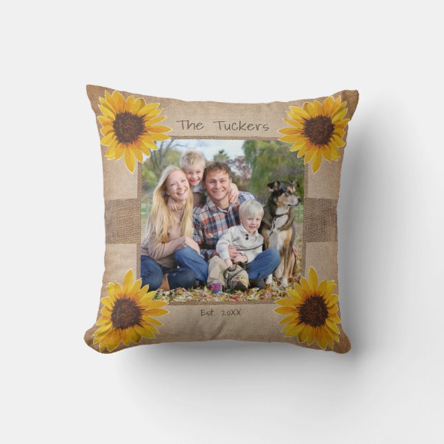Rustic Monogram Sunflower Burlap Family Cushion (Front)