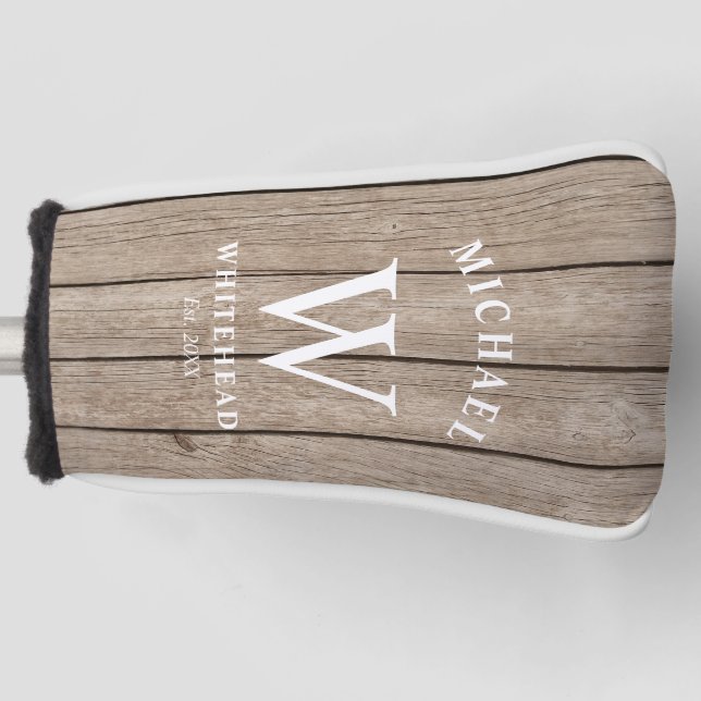 Rustic Monogram Tan Wood Golf Head Cover (Front)