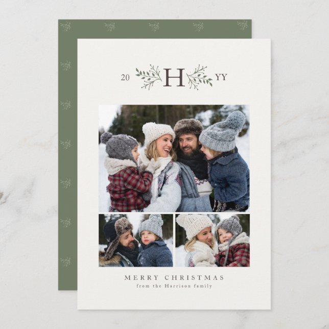 Rustic monogram three photo holiday card (Front/Back)