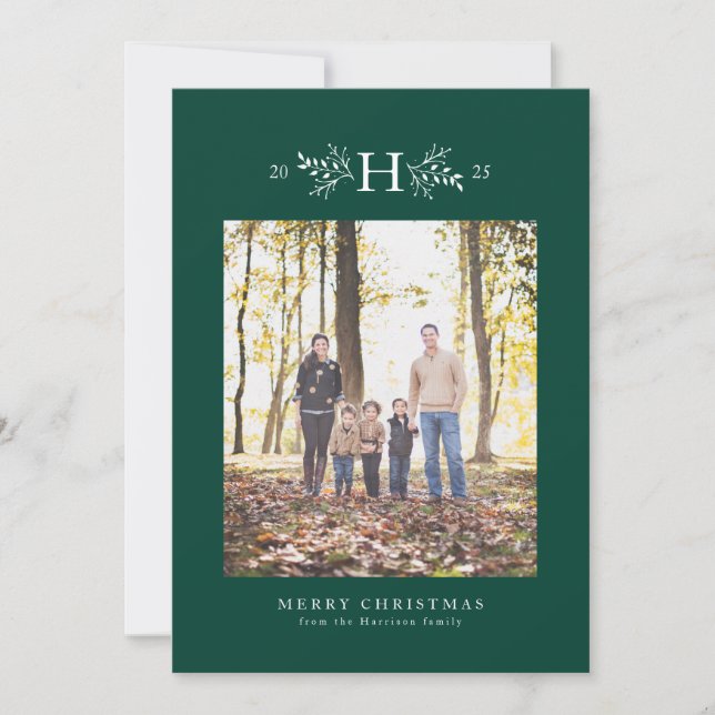 Rustic monogram vertical holiday photo card (Front)