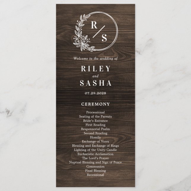 Rustic Monogram Wedding Ceremony Flat Program Programme (Front)