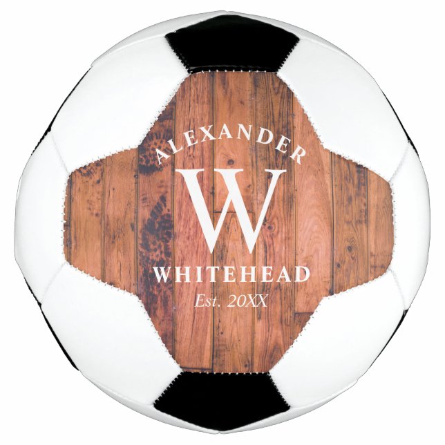 Rustic Monogram Wood Soccer Ball (Front)