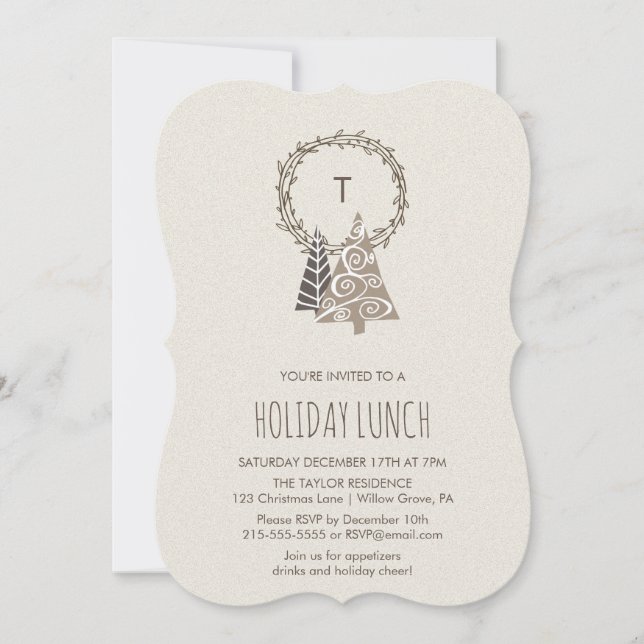 Rustic Monogram Wreath Holiday Lunch Invitation (Front)