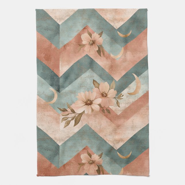 Rustic Moon Floral Chevron Earthy Pattern (10) Tea Towel (Vertical)