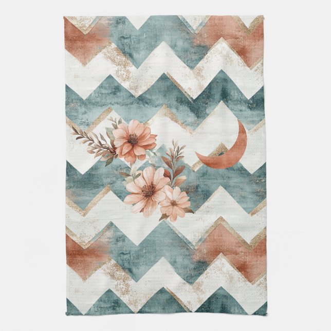 Rustic Moon Floral Chevron Earthy Pattern (1) Tea Towel (Vertical)