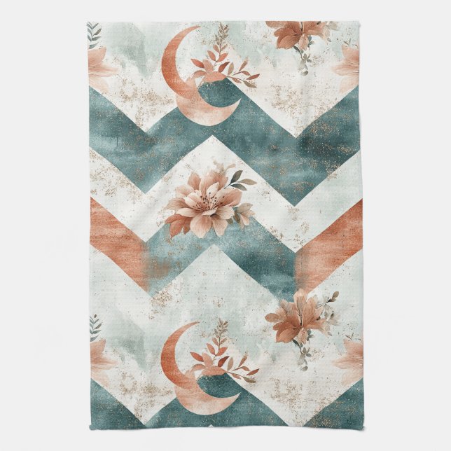 Rustic Moon Floral Chevron Earthy Pattern (3) Tea Towel (Vertical)