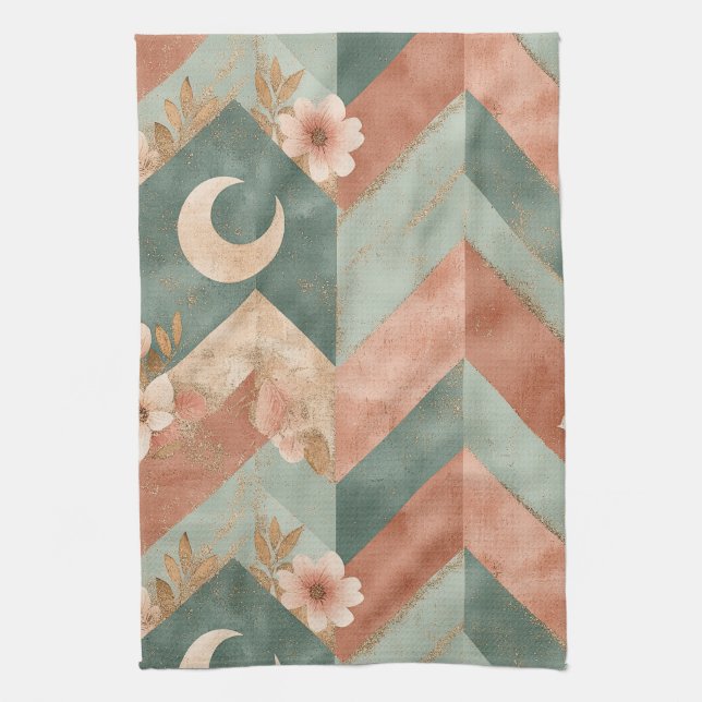 Rustic Moon Floral Chevron Earthy Pattern (7) Tea Towel (Vertical)