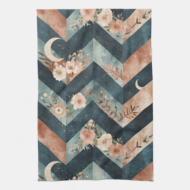 Rustic Moon Floral Chevron Earthy Pattern (9) Tea Towel (Vertical)