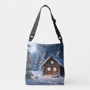 Rustic Moonlight Cozy Winter Cabin Crossbody Bag