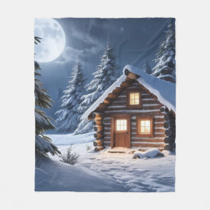 Rustic Moonlight Cozy Winter Cabin Fleece Blanket