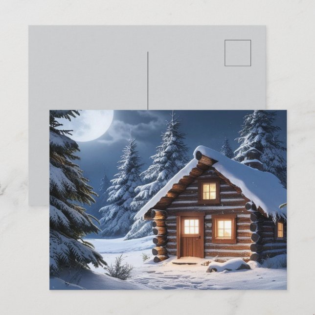 Rustic Moonlight Cozy Winter Cabin  Postcard (Front/Back)