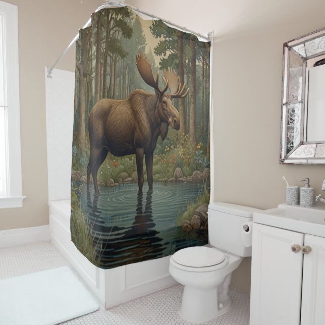 Rustic moose boho woodland forest greenery cabin shower curtain (In Situ)