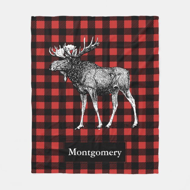 Rustic Moose Buffalo Check Plaid Family Name Fleece Blanket (Front)