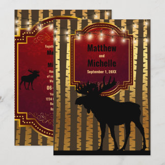 Rustic Moose, Gold Aspen Trees and Lights Wedding Invitation