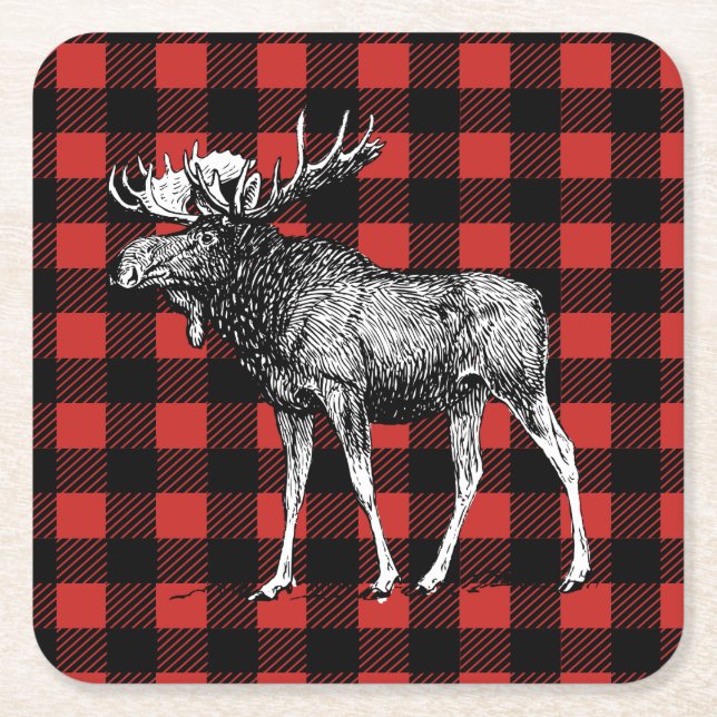 Rustic Moose Red & Black Buffalo Check Plaid Square Paper Coaster (Front)
