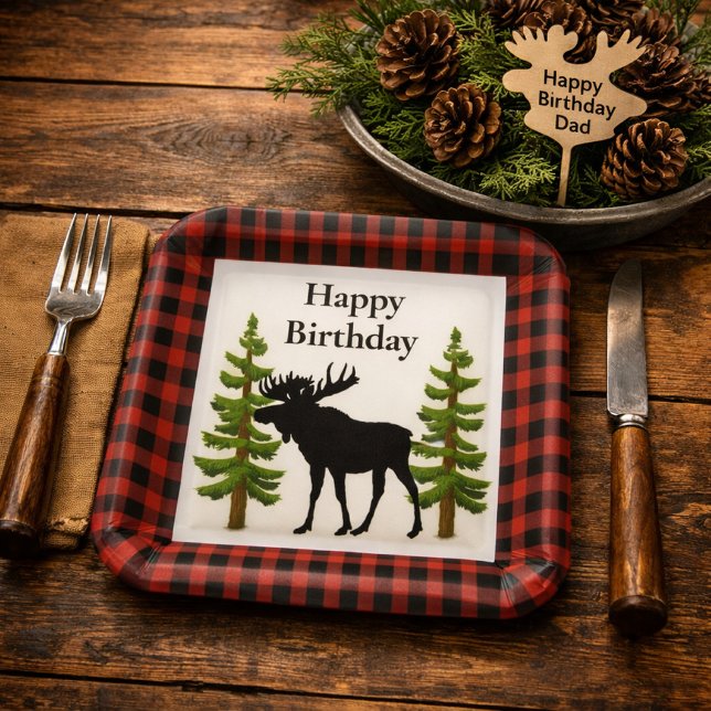 Rustic Moose Red Plaid Birthday Paper Plate (Creator Uploaded)