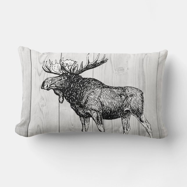 Rustic Moose Sketch and Laurels White Wood Planks Lumbar Cushion (Front)