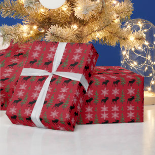 Rustic  Moose Snowflake Pine Tree Christmas Red  Wrapping Paper