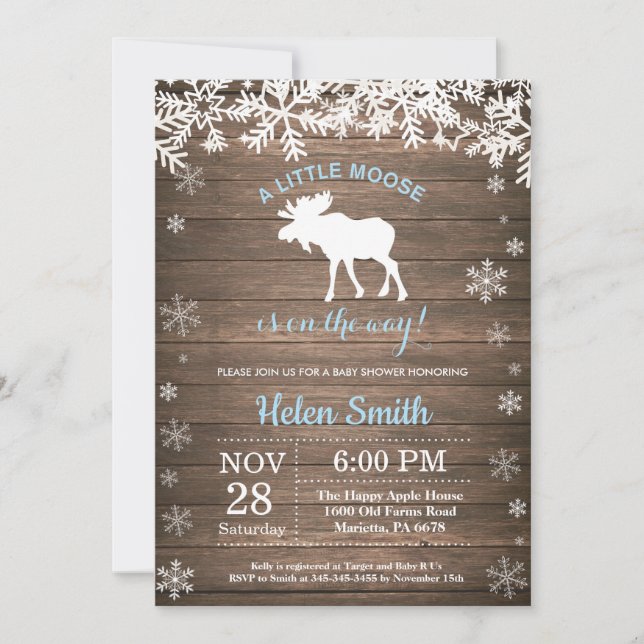 Rustic Moose Winter Snowflake Boy Baby Shower Invitation (Front)