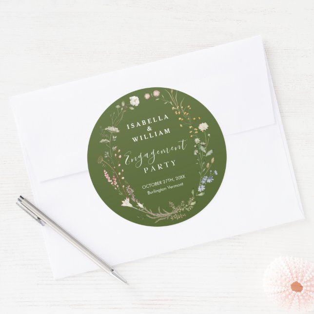 Rustic Moss Green Boho Wildflower Engagement Party Classic Round Sticker (Envelope)