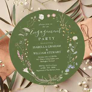 Rustic Moss Green Boho Wildflower Engagement Party Invitation