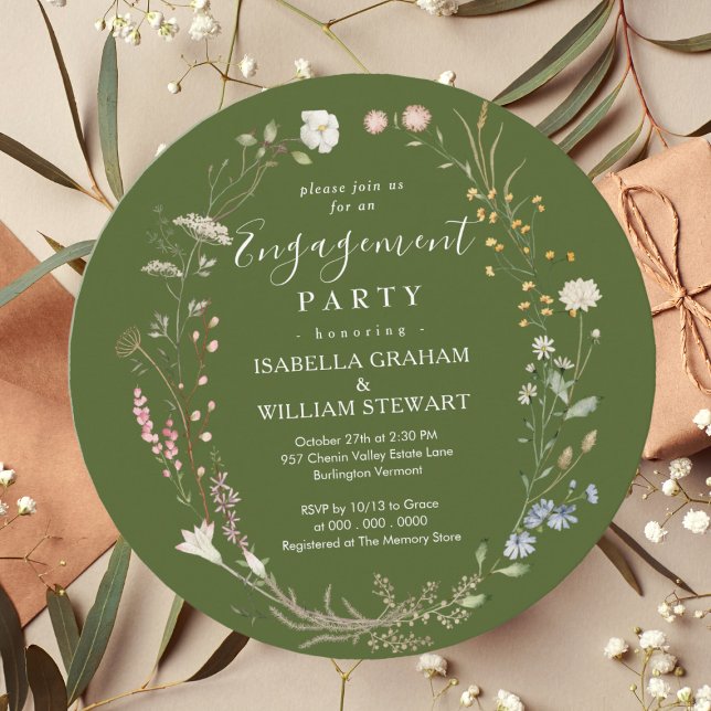 Rustic Moss Green Boho Wildflower Engagement Party Invitation (Creator Uploaded)