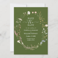Rustic Moss Green Boho Wildflower Save The Date