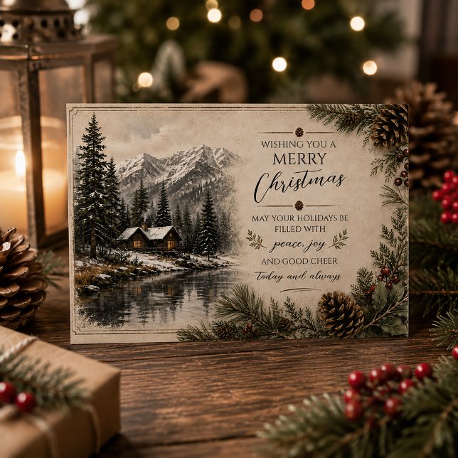 Rustic Mountain Cabin Landscape Christmas | Holiday Card (Creator Uploaded)