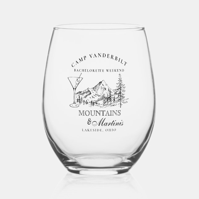 Rustic Mountain Camping Bachelorette Drinkware Set Stemless Wine Glass (Front)