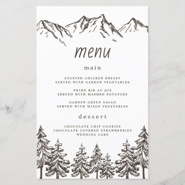 Rustic Mountain Elegant Pine Wedding Menu Cards (Front)