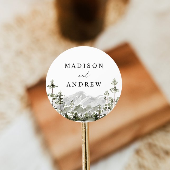 Rustic Mountain Evergreen Forest Wedding Classic Round Sticker (Creator Uploaded)