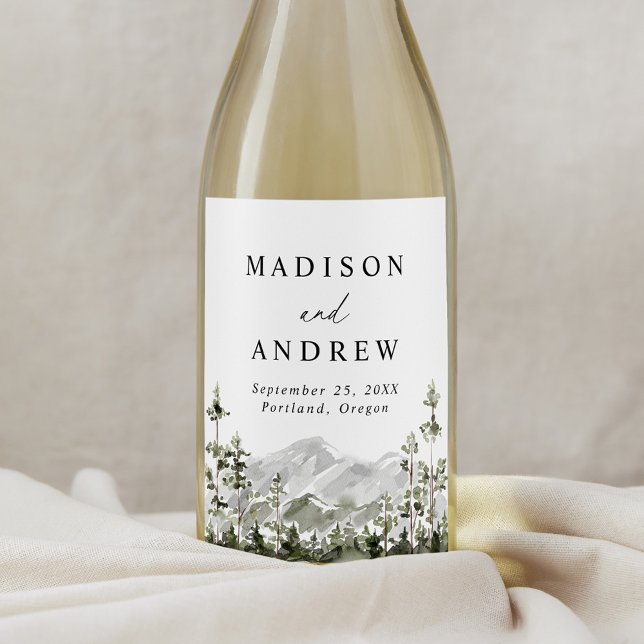 Rustic Mountain Evergreen Forest Wedding Wine Label (Creator Uploaded)