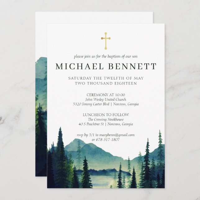 Rustic Mountain Forest Baptism Invitation (Front/Back)
