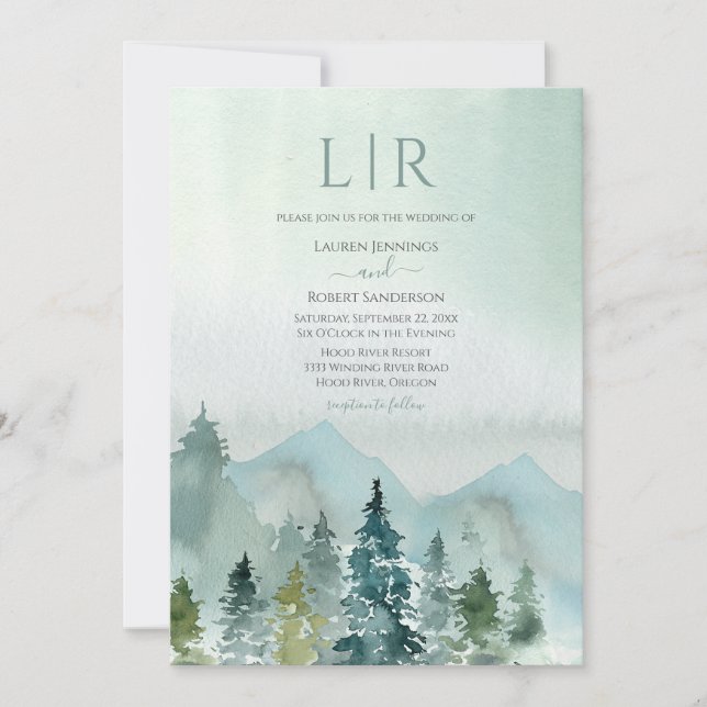 Rustic Mountain Forest Evergreen Tree Wedding Invitation (Front)