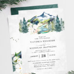 Rustic Mountain Forest Evergreen Tree Wedding Invitation<br><div class="desc">Design features an elegant watercolor mountain view, a charming canoe at the base of the river and a beautiful floral bouquet with modern, elegant fonts. These designs can be personalised for your special occasion and would be perfect for your wedding, bridal shower, engagement party, birthday party and many more special...</div>