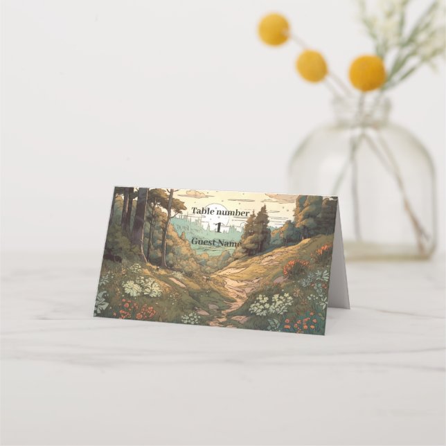 Rustic Mountain Forest Evergreen Wedding Place Card (Front)