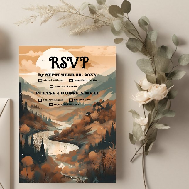 Rustic Mountain Forest Evergreen Wedding RSVP Card (Creator Uploaded)