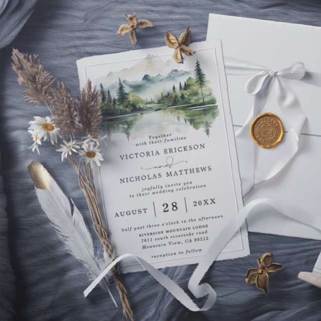 Rustic Mountain Forest Lake Budget QR Code Wedding Invitation (Creator Uploaded)