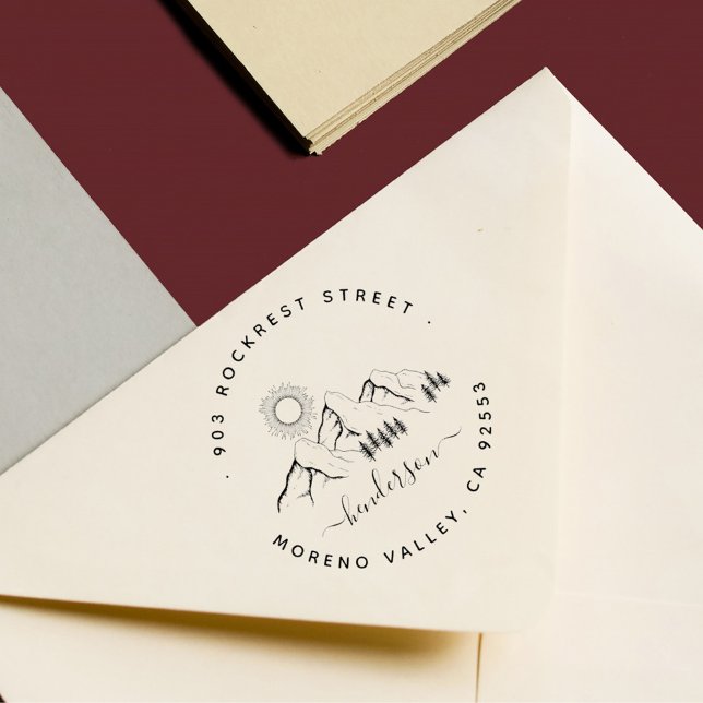 Rustic Mountain Forest Landscape Family Address Self-inking Stamp (Mountains Pines Sun Elegant Script Return Address Stamp)