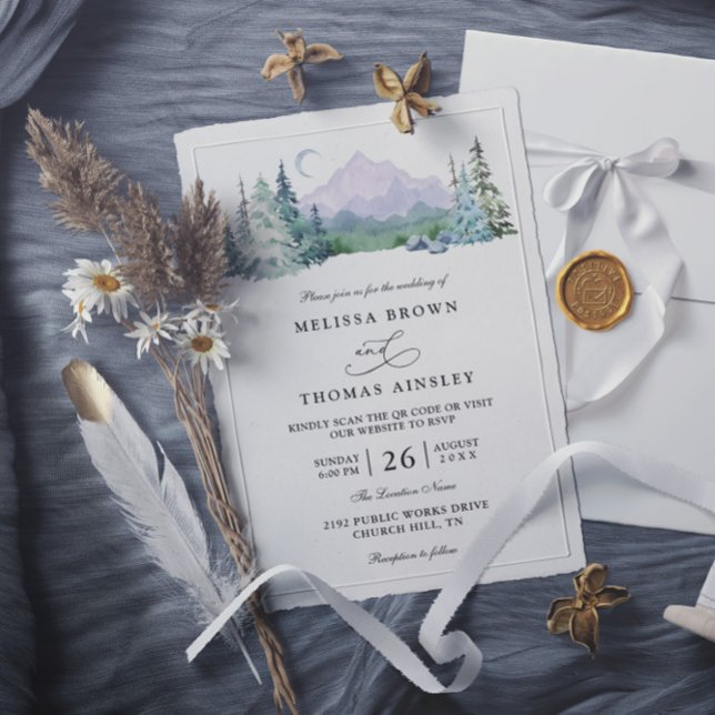 Rustic Mountain Forest Landscape QR Code Wedding Invitation (Creator Uploaded)