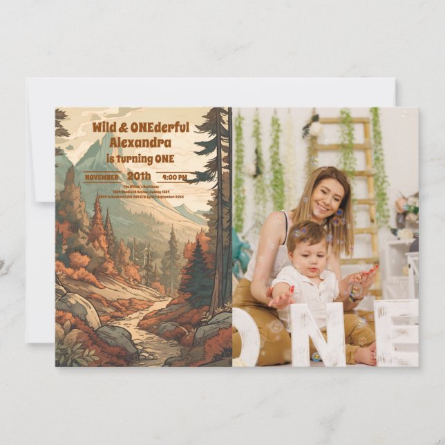 Rustic Mountain Forest Photo 1st Birthday Invitation (Front)