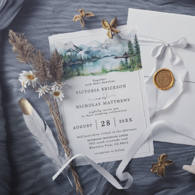 Rustic Mountain Forest Tree Budget QR Code Wedding Invitation (Creator Uploaded)