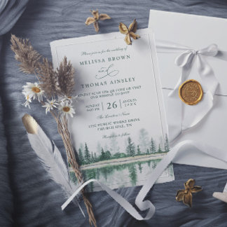 Rustic Mountain Forest Watercolor QR Code Wedding Invitation