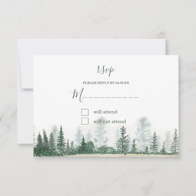 Rustic Mountain Forest Watercolor Wedding RSVP Card (Front)