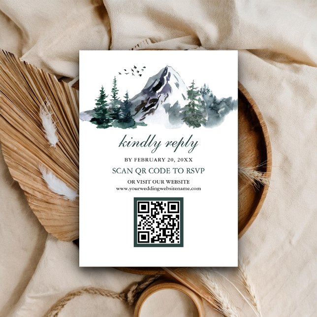 Rustic Mountain Forest Winter QR Code RSVP Wedding Enclosure Card (Creator Uploaded)